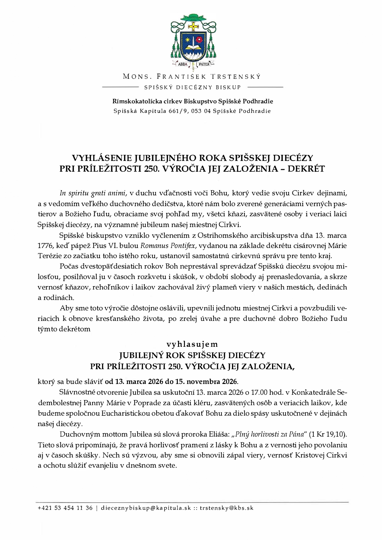 Vyhlásenie jubilejného roka Spišskej diecézy